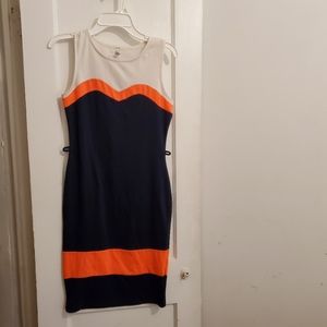 Multi-Colored White, Orange and Navy Blue Dress